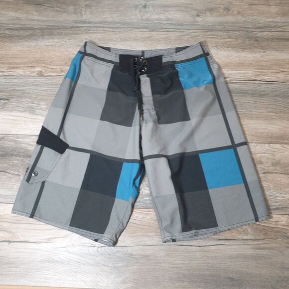 Hawk Men Plaid Swim Trunks Board Short Pocket Lace Up Closure Size 30 Beach Pool - Picture 1 of 5